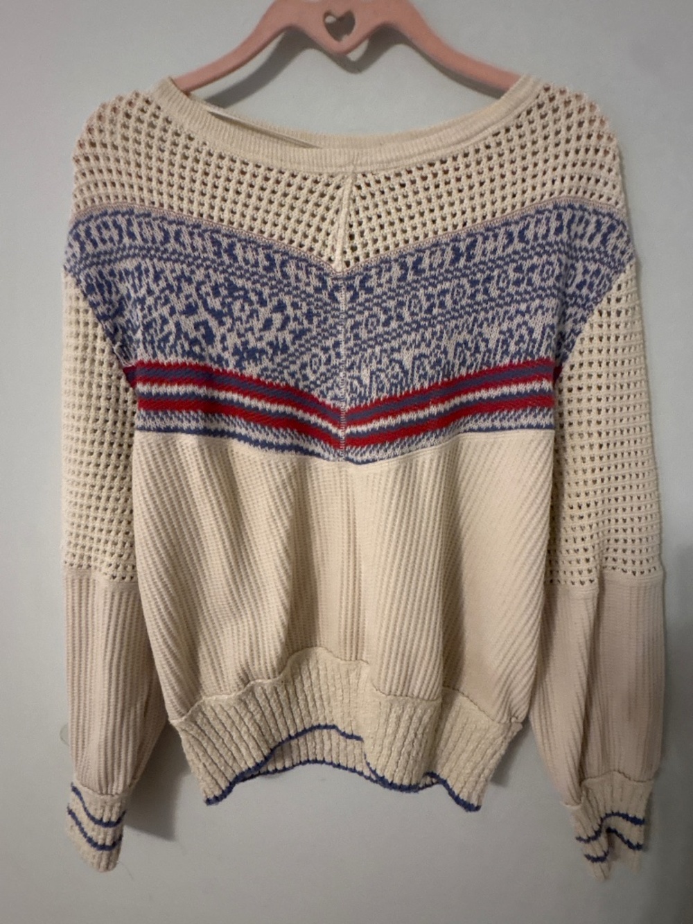 Free People Cream Open Knit Fair Isle Sweater Blue Red Size Small